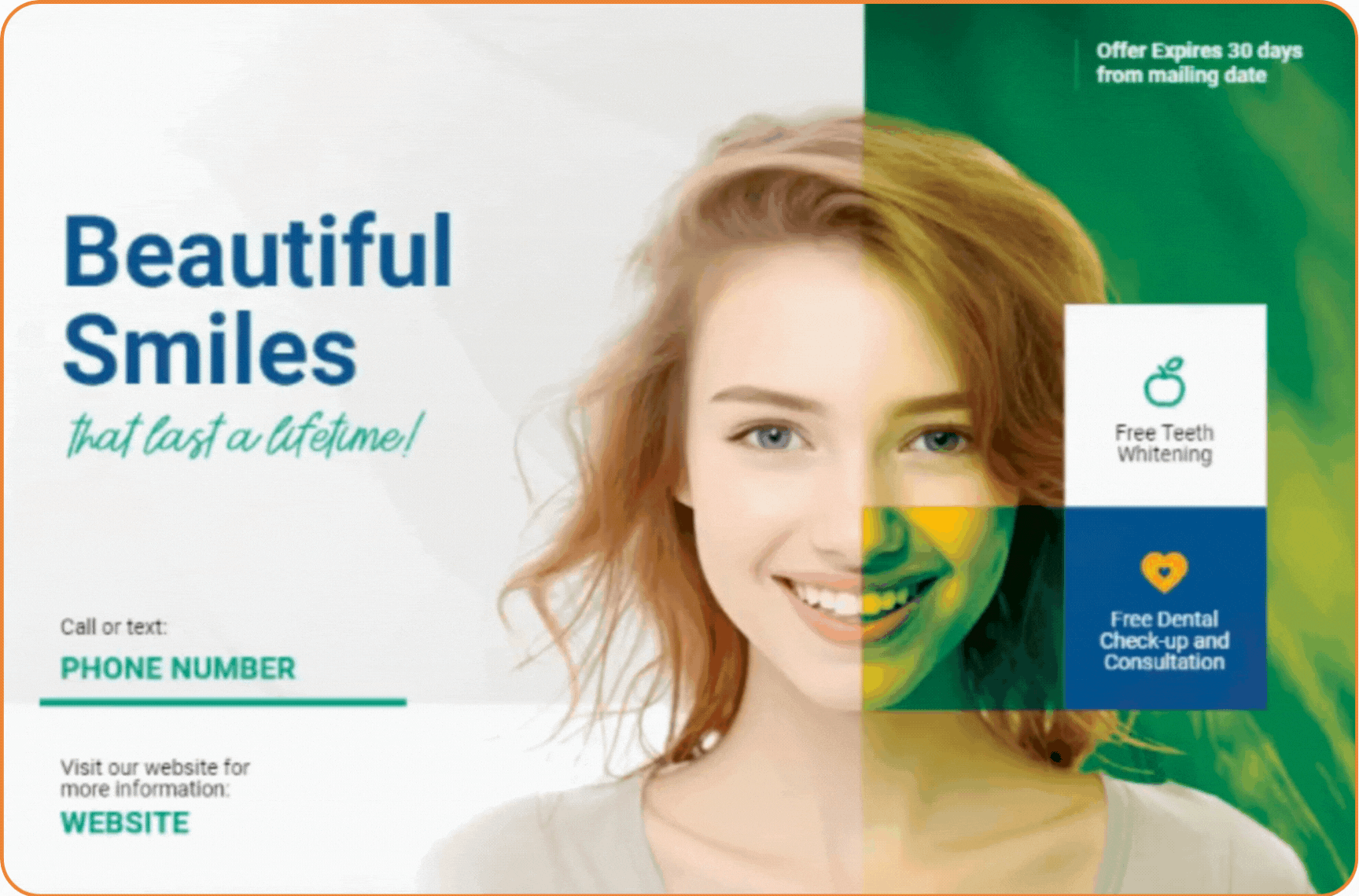Direct mail template builder preview showing a personalized dental postcard design.